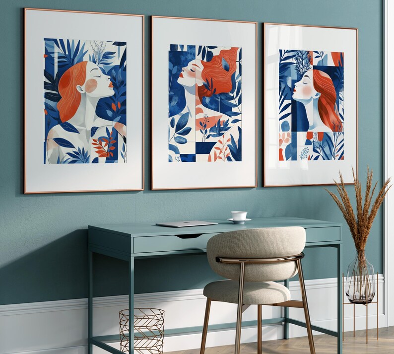 Blue & White Female Art Print Set: Abstract Modern Gallery Wall ...