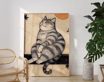 Vintage Japanese Cat Art Print: Chubby Tabby Poster (Digital Download)