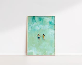 Mint Green Sea Oil Painting, Minimalist Beach Wall Art, Summer Coastal Decor(Digital Download)