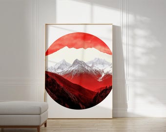 Abstract Mountain Wall Art – Red Circle Landscape Print (Digital Download)