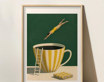 Coffee Diver Surreal Art Print, Funny Kitchen Wall Art, Caffeine Lover Gift(Digital Download)