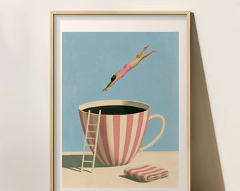 Coffee Diver Surreal Art Print, Funny Kitchen Wall Art, Caffeine Lover Gift(Digital Download)