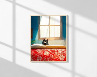 Black Cat Oil Painting: Red Floral Bed, Funny Wall Art (Digital Download)