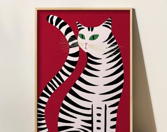 Striped Black and White Cat Art Print, Whimsical Red Feline Illustration (Digital Download)