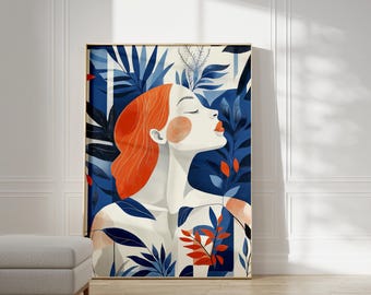 Redhead Woman Art Poster: Blue & White Modern Portrait (Digital Download)
