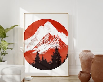 Red Mountain Landscape Art Print: Abstract Geometric Poster (Digital Download)