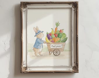 Cute Vegan Bunny Kitchen Print, Nursery Wall Art, Kids Room Decor, (Digital Download)