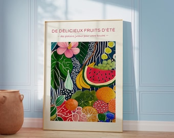 Impression d'art fruits tropicaux et fleurs : décoration de cuisine et de salle à manger (téléchargement numérique)