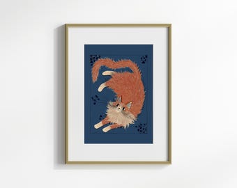 Playful Cat Illustration, Cute Fluffy Ginger Cat wall art, Mid-Century Style Decor, Whimsical kitten animal print, Digital Download