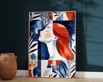 Red Haired Woman Art Print: Modern Geometric Botanical Portrait (Digital Download)
