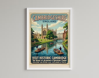 Cambridgeshire Vintage Travel Poster, British Countryside Landscape Art(Digital Download)