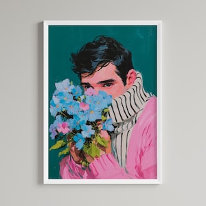 カラフルな男性の肖像画、モダンな花柄の肖像画、LGBTQウォールアート、ゲイアートプリント、クィアインテリア（デジタルダウンロード）