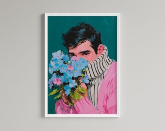 Colorful Male Portrait, Modern Floral Portrait, LGBTQ Wall Art, Gay Art Print, Queer decor (Digital Download)