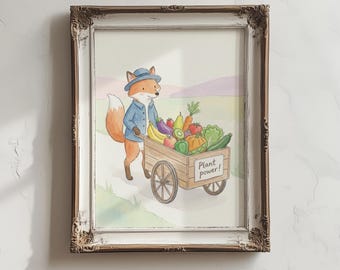 Playful Fox Kitchen Print, Vegan, Nursery Wall Art, Kids Room Decor, (Digital Download)