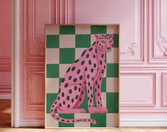 Pink Leopard Art Print, big cat poster, Bold Modern Animal Illustration, Digital Download