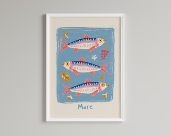 Pink and Blue Coastal Kitchen Wall Decor, Eclectic Seafood Illustration (Digital Download)