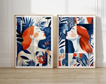 Abstract Red Haired Girl Print Set: Geometric Botanical Art (Digital Download)