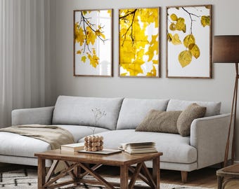 Yellow Leaves Wall Art Set – Autumn Botanical Nature Print Trio (Digital Download)
