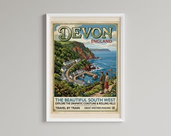 Devon Vintage Travel Poster Print – England Countryside Wall Art (Digital Download)