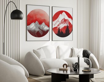Red Mountain Landscape Print Set: Abstract Geometric Art (Digital Download)