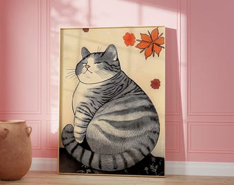 Vintage Japanese Cat Art Print: Chubby Tabby Cat Poster (Digital Download)