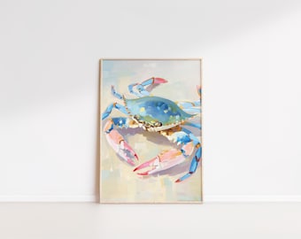 Crab Coastal Art Print, Abstract Beach Painting (Digital Download)
