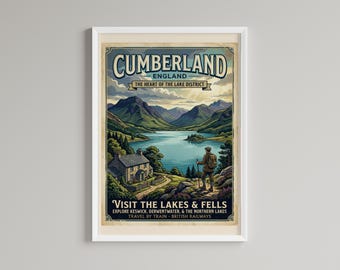 Cumberland England Vintage Travel Poster, Lake District Wall Art (Digital Download)