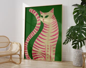 Pink Striped Cat Art Print, Whimsical Green Illustration (Digital Download)