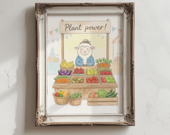 Vegan Sheep Art Print, Cute Animal Fruit and Vegetable Market Poster (Digital Download)