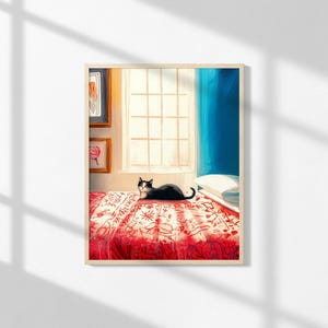 Black Cat Painting, Red and Blue interior, Cat on the bed, Oil painting, Digital download, Printable Wall Art, Retro Wall Decor, Cat gift