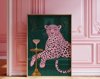 Pink Leopard Art Print, Cocktail Vintage Big Cat Poster, Bold Animal Illustration, Digital Download