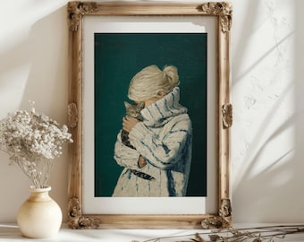 Girl with Tabby Cat Art Print, Teal Green Whimsical Home Decor (Digital Download)