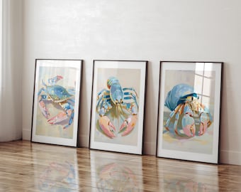 Ensemble d'impressions trio d'art mural côtier crabe, peinture pastel (téléchargement numérique)