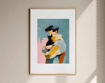 Modern Figurative Art Print, Man with Black Cat, Warm Contemporary Wall Decor(Digital Download)
