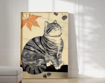 Vintage Japanese Cat Art Print: Chubby Tabby Poster (Digital Download)
