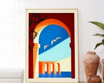 Abstract Birds & Sea View Art Print: Modern Surrealist Poster (Digital Download)