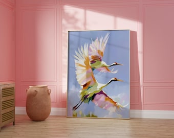 Flying Heron Print, Colourful Bird Art, Coastal Decor, Nature Wall Art, Digital Download