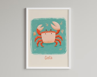 Teal Coastal Kitchen Wall Decor, Mediterranean  Crab, Sea Life Illustration (Digital Download)