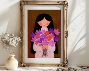 Girl with Pink  Flowers Wall Art, Whimsical Portrait Poster, instant Digital download