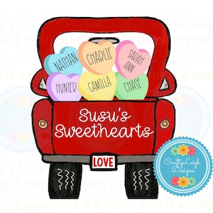 Valentinstag Roter Pickup Truck mit Herzen in Heckklappe mit Namen, personalisierte Heckklappe, digitale Datei zum Sublimieren, png, für Notizkarten