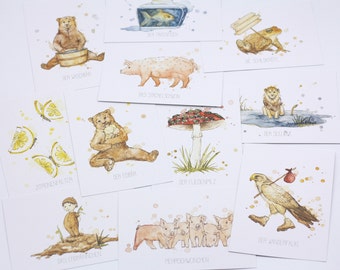 Carte postale 11 pièces - autres animaux - Aquarelle Cartes de voeux Anniversaire Déco