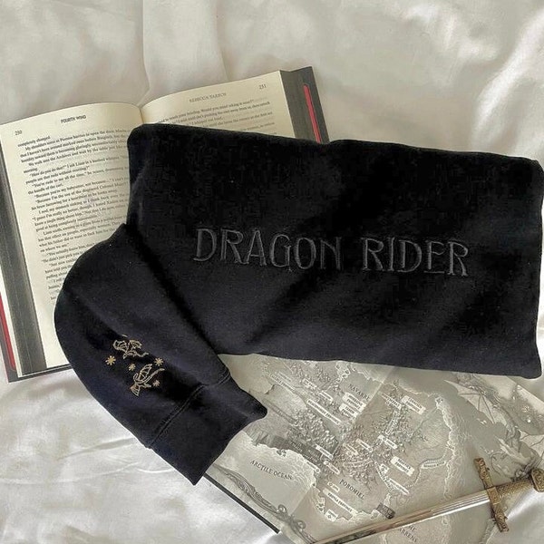 Dragon Rider Monochromatic black embroidered Crew | book lover gifts | fantasy fourth wing | dragons | throne of glass