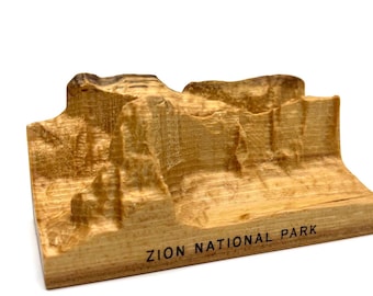 Zion National Park topographic wood carving featuring Angels Landing; solid wood mountain; National Park souvenir, gift for hiker, climber