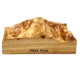 Pikes Peak mini model; solid wood topographic carving; Colorado Parks souvenir and gift for hiker, climber, explorer