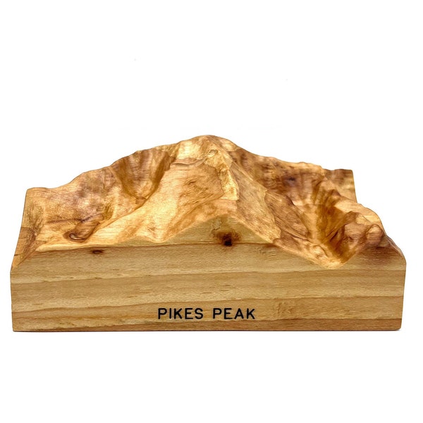 Pikes Peak mini model; solid wood topographic carving; Colorado Parks souvenir and gift for hiker, climber, explorer