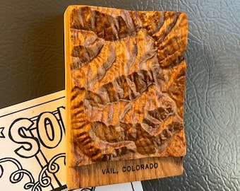 Vail Mountains refrigerator magnet, complete with skiing resort and surrounding area; 3D carved fridge magnet; ski slopes art; Vail Colorado