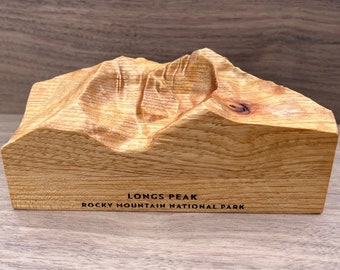 Longs Peak topographical carving; Rocky Mountain National Park replica model, carved from a solid block of wood