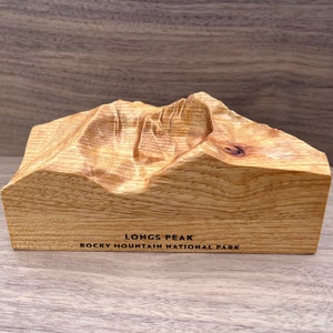 Longs Peak topographical carving; Rocky Mountain National Park replica model, carved from a solid block of wood