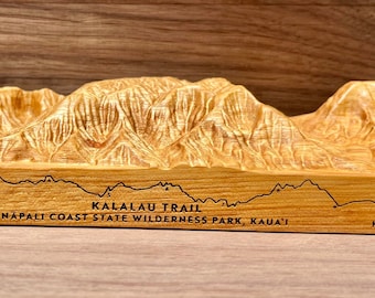 Kalalau Trail carving, with elevation map of the entire trail and mileage callouts; carved from a solid block of wood; topo map, gift