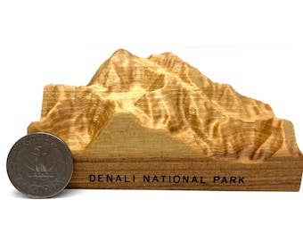 Denali National Park wooden topography model; solid wood mountain carving; National Park souvenir and gift for hiker, climber, explorer